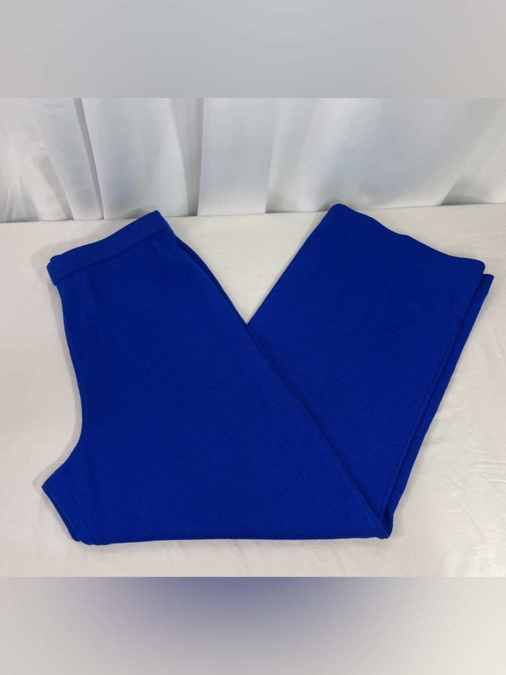 St John Collection Blue Knit Pants L Santana Wool Rayon Pull On Wide Leg Luxury